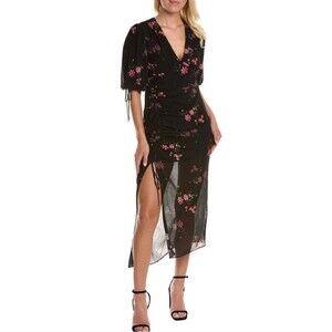 All Saints Safiya Solanio Black Floral Semi-Sheer Drawstring Maxi Dress Size 4